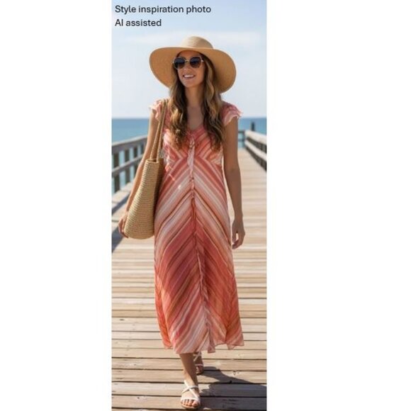 J.CREW, Boho cotton pink/peach coloured striped summer dress - Picture 2 of 14